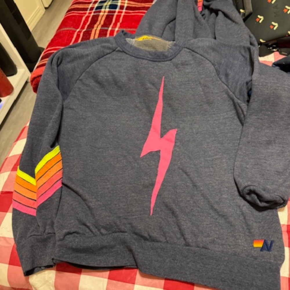 aviator Nation neon lightening bolt with stripes on sleeve and pant leg l/XL